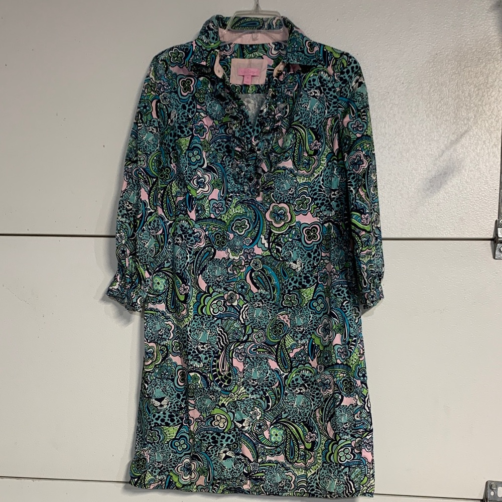 Lilly Pulitzer Teal, Pink & Green Paisley Ruffle Mini Dress